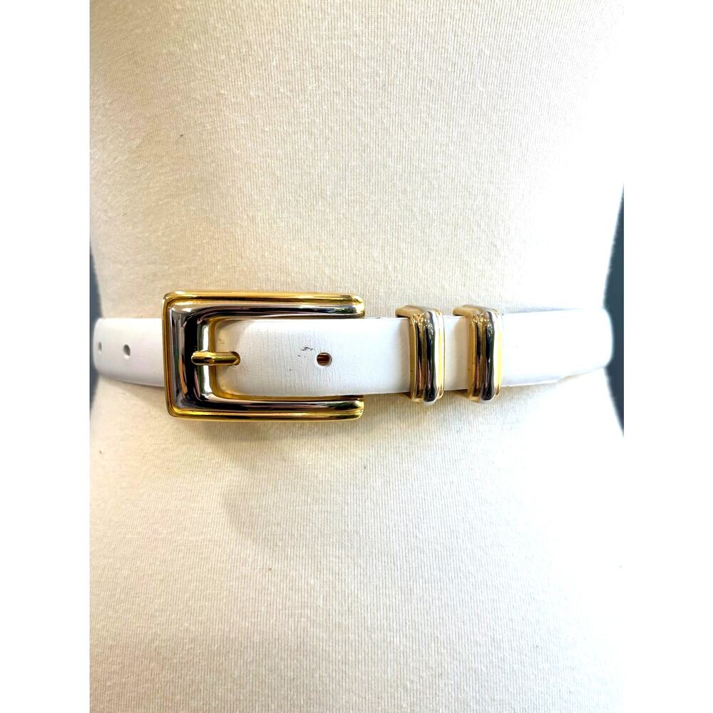 VTG White Leather Belt Gold Square Buckle Double Loop Minimalist Retro, Size M/L